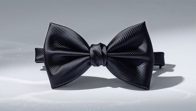 Lying black ribbed silk bow tie showing ridges on light gray backdrop, with adjustable strap