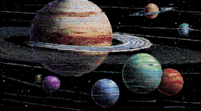 Glitched digital rendering of a solar system, showcasing planets with prominent rings and varied colors, set against a dark, starry backdrop with visible digital artifacts