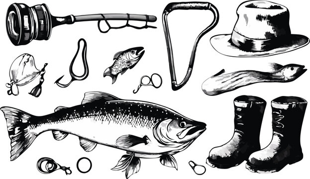 Monochrome Fishing Equipment Illustration with Fish Rod Boots and Hat