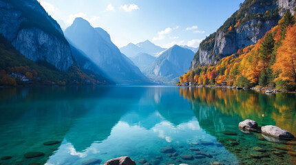 Lake Brienz in Autumn Switzerland — Turquoise Waters Against Dramatic Cliffs with Vivid Fall Forests