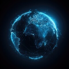 Glowing blue digital globe, continents outlined by interconnected nodes and lines against a dark background
