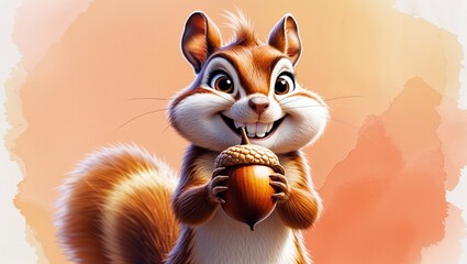 Holding large acorn, stylized chipmunk standing in peach watercolor backdrop, with fluffy fur