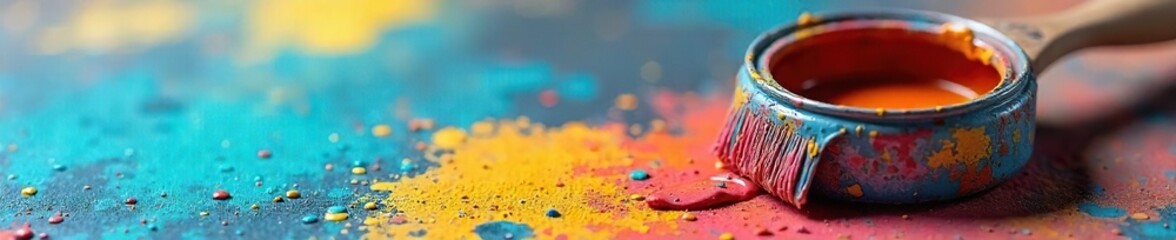 Well-worn Paintbrush and Vibrant Paint Can Ready for Artistic Creation