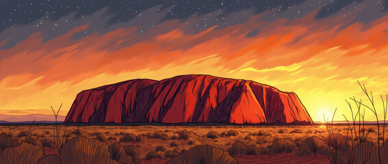 Sketch of Uluru at Sunset with Emerging Stars