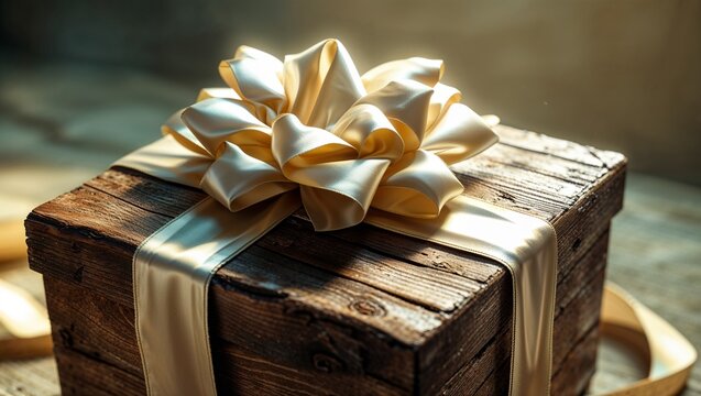 Displaying rustic wooden gift box resting on wooden tabletop, with cream satin ribbon and satin bow - Powered by Adobe
