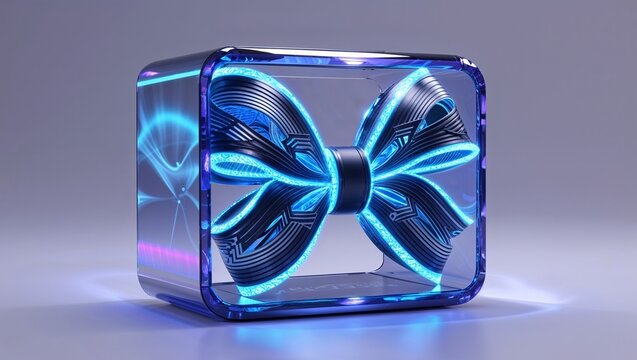 Metallic bow tie glowing with blue LED inside transparent display case in studio - Powered by Adobe