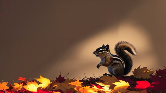 Standing alert chipmunk scanning on forest floor, with colorful maple leaves forming thick carpet - Powered by Adobe