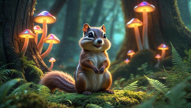 Standing fluffy chipmunk exploring moss-covered forest floor, with glowing bioluminescent mushrooms - Powered by Adobe