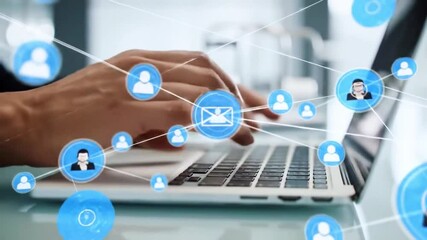 close up human hand sending email. floating virtual icons of envelope connected with human avatars representing digital communication and networking. - Powered by Adobe