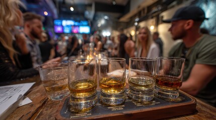 Obraz premium Tasting experience whiskey sampling event bar atmosphere social gathering evening setting close-up view
