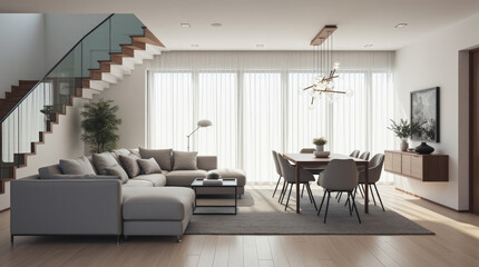 Spacious Contemporary Open-Plan Living and Dining Area with Minimalist Gray Sectional Sofa