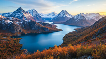 Lofoten Lakes Norway Bright Autumn Foliage Meets Icy Blue Waters With Dramatic Peaks and Golden Trees