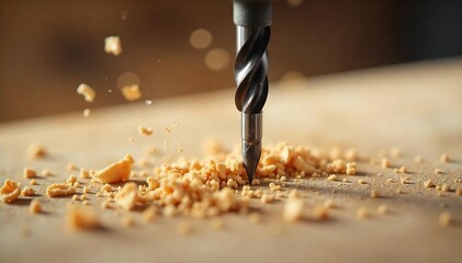 Sharp Drill Bit Piercing Wood Close-up Detail of Woodworking Process, Showing Wood Grain Texture and Shavings, DIY Project