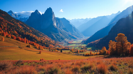 Val di Funes Italy Autumn Valley with Golden and Red Foliage beneath Odle Peaks