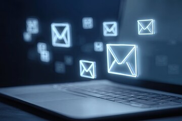 Glowing email icons emanate from a laptop's screen, suggesting a high volume of digital correspondence or notifications