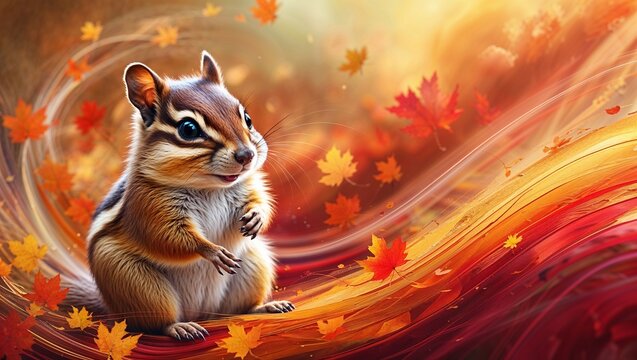 Striped chipmunk sitting amid swirling autumn leaves on woodland floor, with motion trails