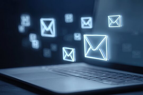 Glowing email icons emanate from a laptop's screen, suggesting a high volume of digital correspondence or notifications