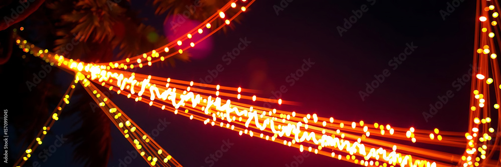 Poster a close up shot of several strands of illuminated string lights against a dark blurred background