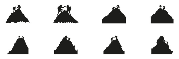 Mountain Climbing Teamwork Silhouette Set. Adventure And Cooperation Symbol Collection. Outdoor And Motivational Use. Isolated Vector Illustration