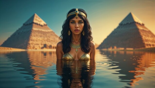 Emerging Middle Eastern woman wearing gold jewels and gold bikini top in water at dusk, pyramids - Powered by Adobe