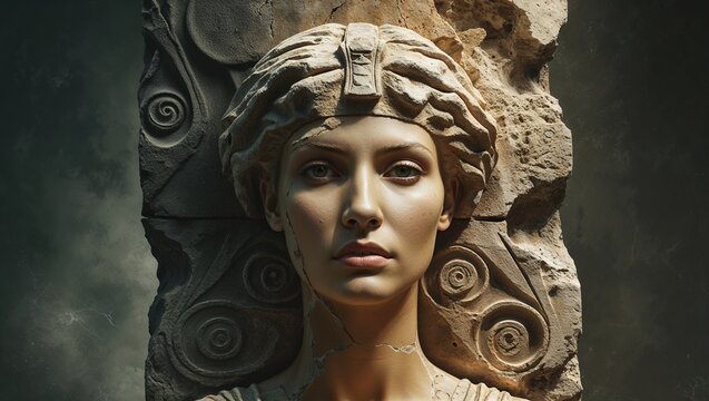 Illuminating stone bust of woman with ornate headdress at gallery featuring spiral relief motifs - Powered by Adobe