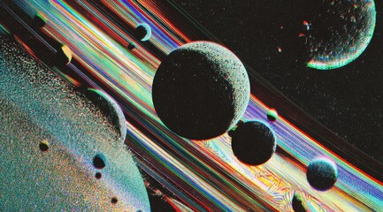 Glowing, multicolored streaks slice through a dark cosmos, illuminating several planets and celestial bodies with a glitchy, textured appearance