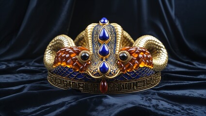 Shining serpent crown resting on navy-blue velvet cloth, with amber gem scales and enamel gems