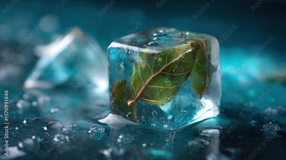 Poster captivating ice cube with leaf close-up shot nature photography studio setting macro perspective