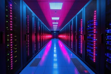 Fototapeta premium Server room hallway; servers, lights, technology