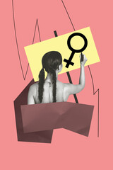 Template poster trend artwork 3D photo collage of young woman hand write feminism symbol equality...