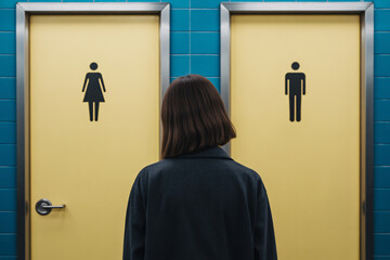Back view of transgender woman standing in front of men’s and women’s bathroom doors. Concept of public restroom access and trans rights debate