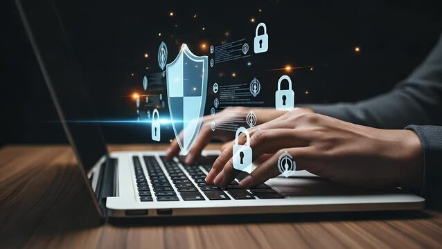 Person typing on laptop with digital security icons and a shield