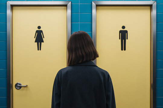 Back view of transgender woman standing in front of men&rsquo;s and women&rsquo;s bathroom doors. Concept of public restroom access and trans rights debate