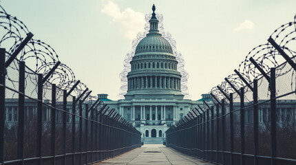 Fictional Concept: Capitol Building Wrapped in Barbed Wire — The U.S. Capitol Surrounded and Completely Wrapped in Barbed Wire as a Symbol of Government Control and Restricted Freedom