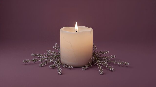 Flickering ivory pillar candle casting gentle light on mauve tabletop, with lavender sprigs - Powered by Adobe