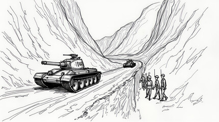 Hand-Drawn Sketch of Tanks and Armored Vehicles Navigating a Narrow Mountain Pass
