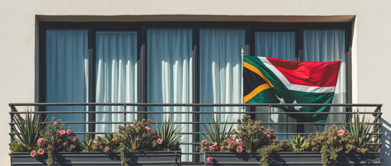 South African Flag on Cape Town Balcony with Succulents on Modern Building