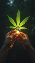POV Shot of Hands Holding Glowing Cannabis Leaf Delicately