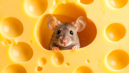 A small mouse peeks out from a hole in a block of Swiss cheese.