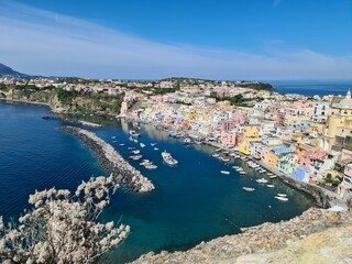 Panoramic view of Corricella a port on Procida, one of the Phlegraean Islands off the coast of...