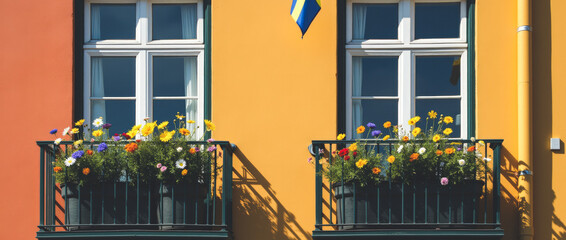 Swedish Flag on Stockholm Balcony with Summer Wildflowers and Colorful Facade