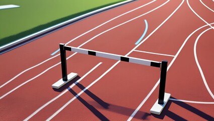 Hurdle on a red running track with white lane lines and green field