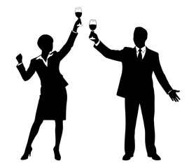 Silhouettes of a business man and woman toast with drinks celebration, success event.