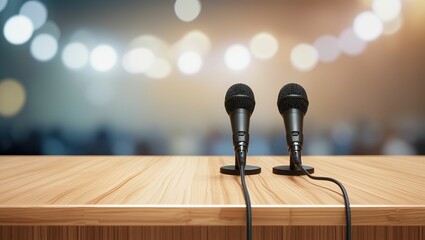 Two microphones stand ready on a wooden podium in front of a blurred audience and stage lights