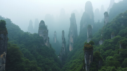 Wulingyuan China Forest of Towering Quartzite Cliffs and Spires Coated in Mist and Greenery