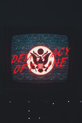 Fictional Concept: TV Broadcast Interrupted — “Democracy Offline” Glitch Screen Symbolizing the Sudden Collapse of Free Media and Government Transparency