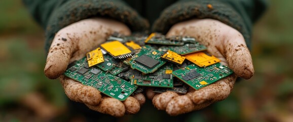 Hands holding green circuit boards. Electronic waste recycling and sustainability concept