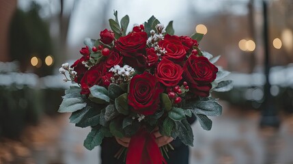 Hands holding a lovely bouquet of red roses, baby's breath, and berries with a red ribbon