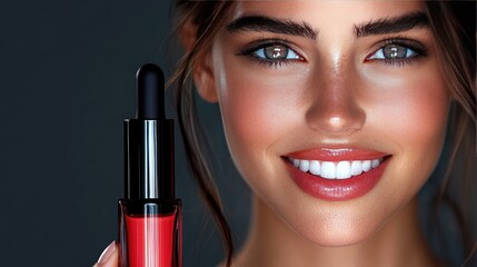 Smiling woman holding a red cosmetic bottle with a dropper, showcasing skincare and beauty