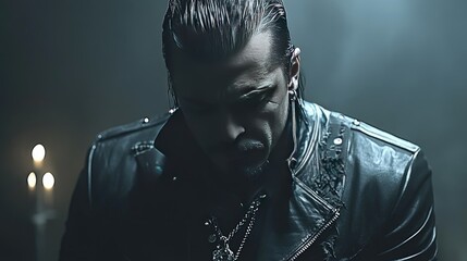 Moody man with swept-back hair and leather jacket in dim light, looking down pensively